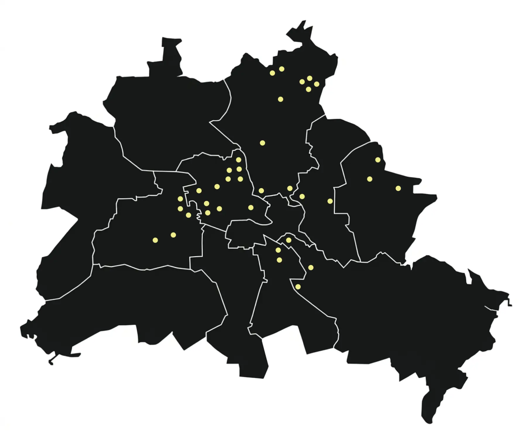 Grafik der Landesfläche Berlins in Schwarz. Zahlreiche gelbe Punkte markieren berlinovo-Wohnstätten für Landesbeschäftigte. Die sechs in lila markierten Orte werden im Rahmen dieser Microsite näher vorgestellt.